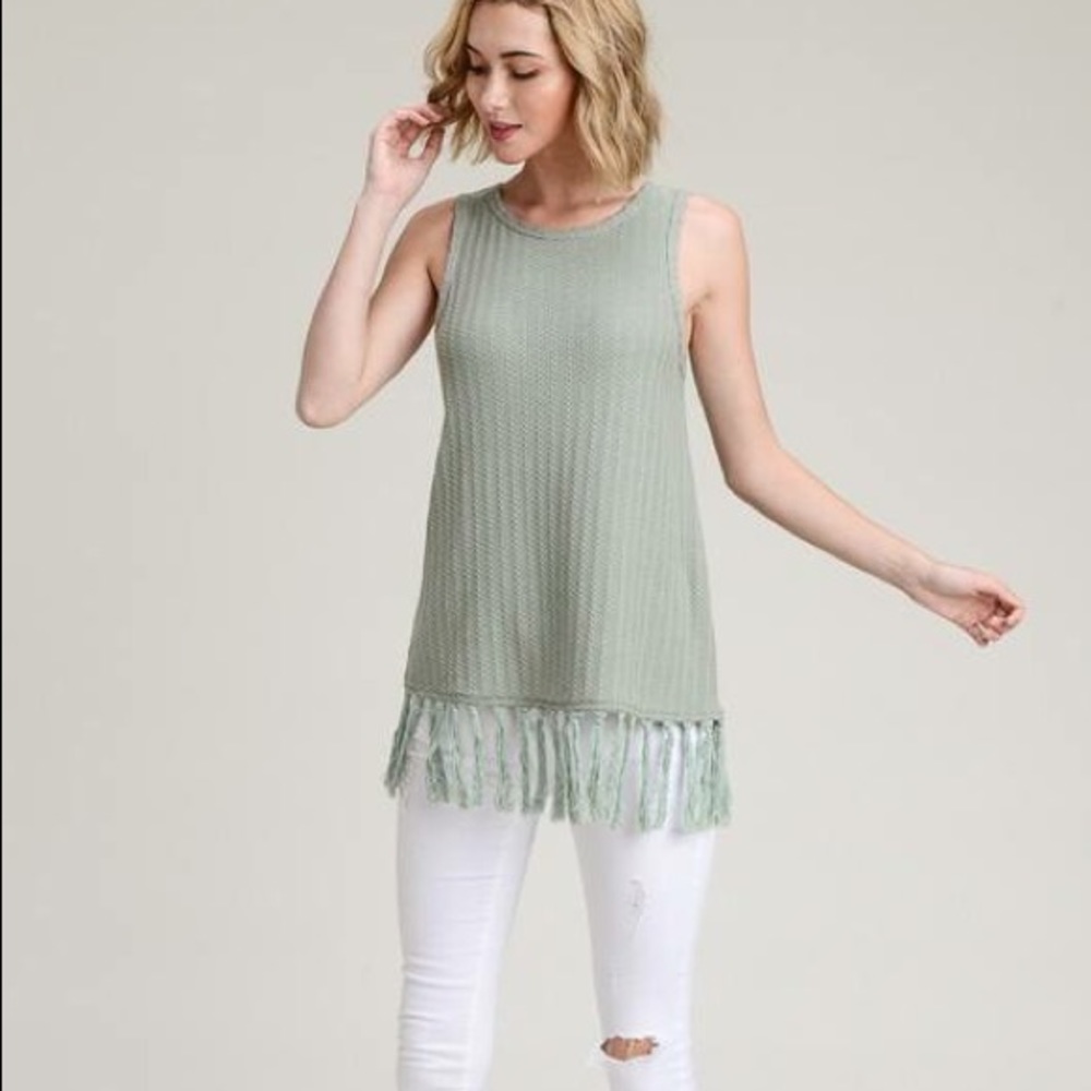 Moss Green Fringe Bottom Sleeveless Sweater